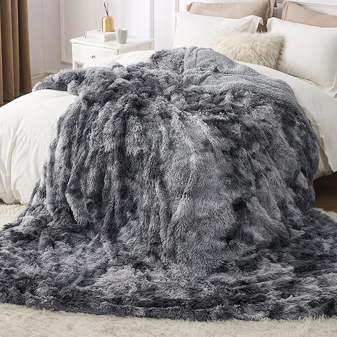 Bedsure GentleSoft Fluffy King Size Blanket for Bed, Faux Fur Fuzzy Minky Couture Warm Blanket for Winter, Thick Plush Sherpa Fleece Oversized Giant Bedding Cozy Gifts for Room, 108x90, Tie Dye Grey