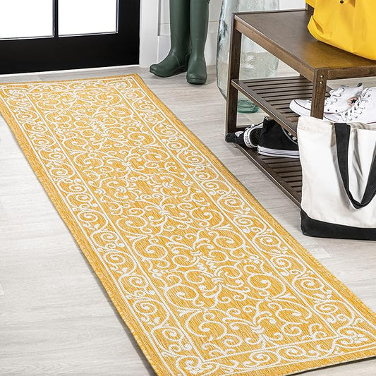 JONATHAN Y Vintage Filigree Indoor Outdoor Runner Rug 2X10 Yellow/Cream, Charleston Textured Weave for Backyard, Patio, Porch, Easy-Cleaning, High Traffic, Pet-Friendly, Non-Shedding (SMB106L-210)