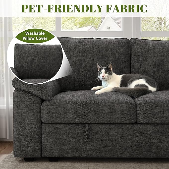 85 Inch Modular Sectional Sofa with Pull Out Bed,L Shaped 5 Seat Sectional Sleeper Sofa with Storage,Sectional Couches for Living Room,Cloud Modular Couch,Removable Sofa Cover,Dark Grey