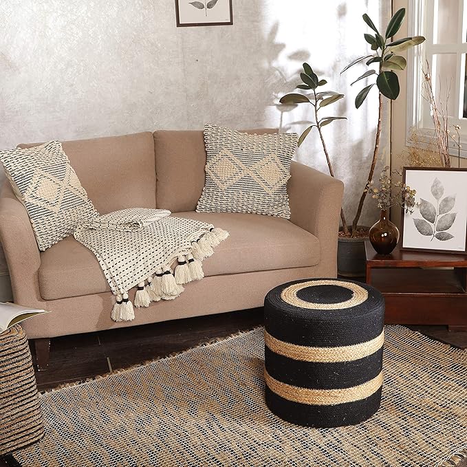 REDEARTH · Cylindrical Pouf Foot Stool Ottoman - Jute Braided Pouffe Poof Accent Sitting Footrest for The Living Room, Bedroom, Nursery, Patio, Lounge & Other Rooms (14.5”x14.5”x16”; Black Natural)