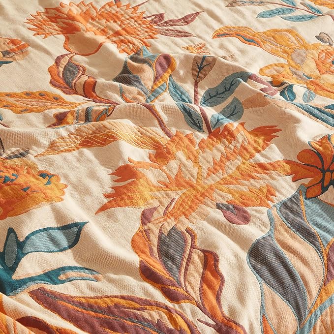 Boho Throw Blanket for Bed 60”x80”, 100% Cotton Woven Blanket for Couch Sofa, Ultra Soft 4-Layer Muslin Quilt with Floral Printed, Farmhouse Bed Blanket/Cover for Living Room Decor