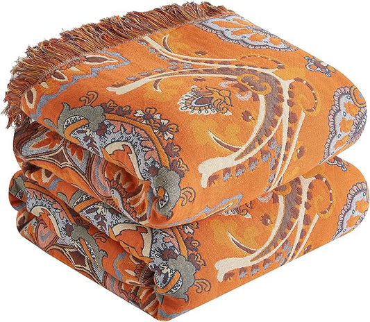 Boho Throw Blanket for Bed 80”x90”, 100% Cotton Woven Blanket for Couch Sofa, Ultra Soft 4-Layer Muslin Quilt with Vintage Floral Printed, Farmhouse Bed Blanket/Cover for Living Room Decor