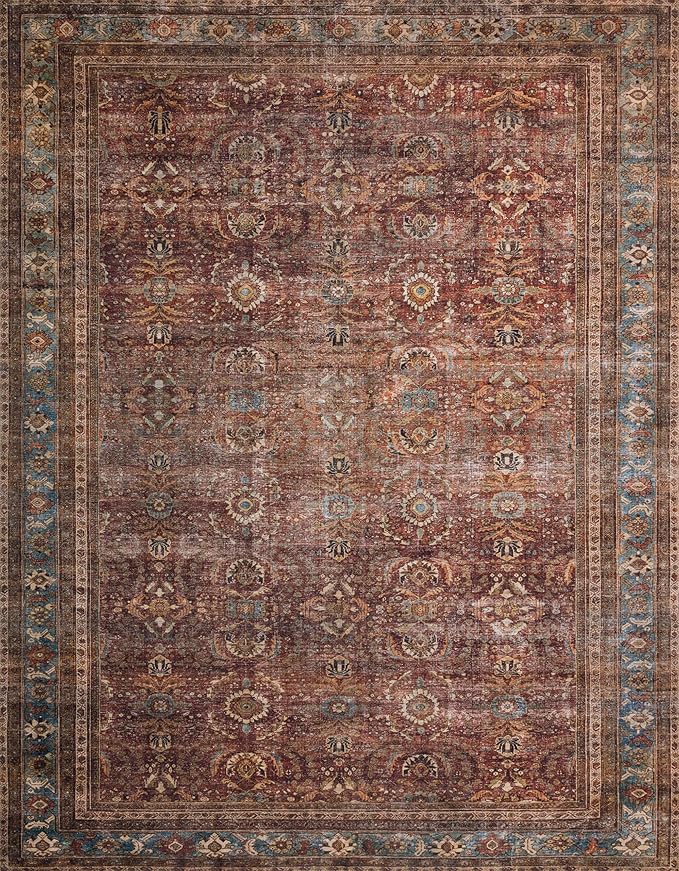 Loloi Layla Collection LAY-01 Brick/Blue 2'-3" x 3'-9" .13" Thick Accent Rug, Soft, Durable, Vintage Inspired, Distressed, Low Pile, Non-Shedding, Easy Clean, Printed, Living Room Rug