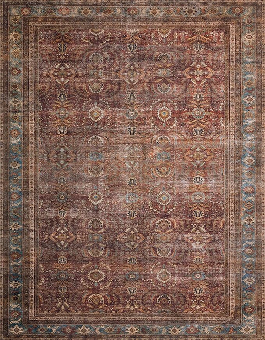 Loloi Layla Collection LAY-01 Brick/Blue 5'-0" x 7'-6" .13" Thick Area Rug, Soft, Durable, Vintage Inspired, Distressed, Low Pile, Non-Shedding, Easy Clean, Printed, Living Room Rug