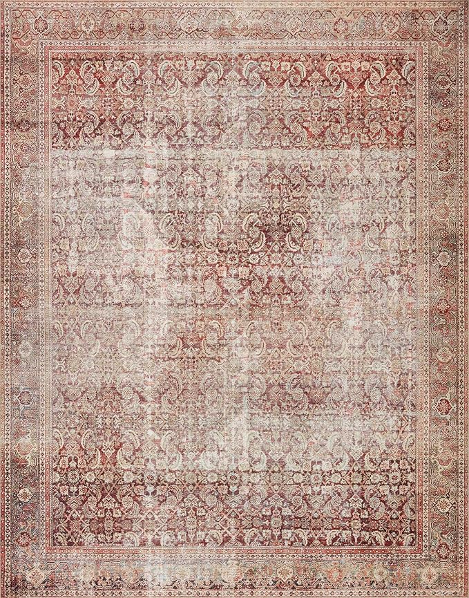 Loloi Layla Collection LAY-11 Cinnamon/Sage 7'-6" x 9'-6" .13" Thick Area Rug, Soft, Durable, Vintage Inspired, Distressed, Low Pile, Non-Shedding, Easy Clean, Printed, Living Room Rug