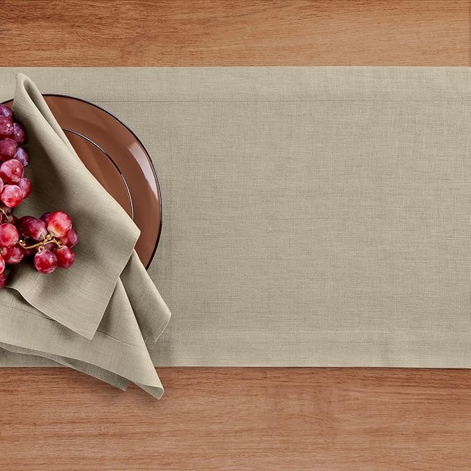 Solino Home Linen Table Runner 48 Inches - 100% Pure Linen Vintage Khaki Table Runner 14 x 48 Inch Ideal for Dresser and Coffee Tables - Fall, Autumn, Thanksgiving - Fete