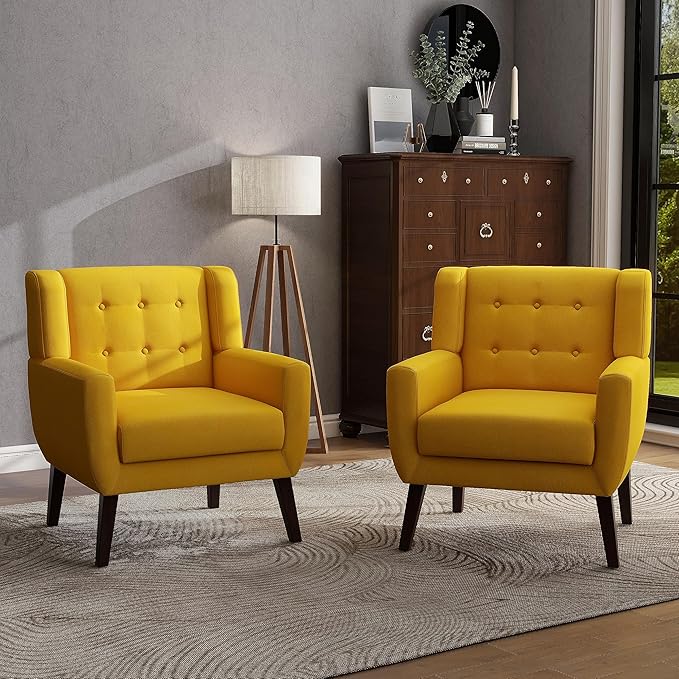 UIXE Accent Chair, Modern Upholstered Armchair Mid-Century Arm Chair in Fabric for Living Room, Comfy Single Sofa Seats Button Tufted Reading Seating, Yellow