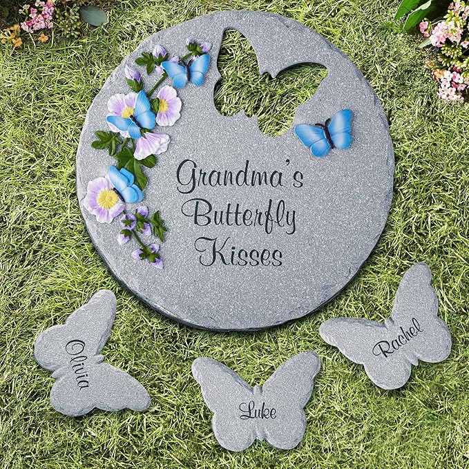 Let's Make Memories Personalized Garden Décor - Custom Garden Stone - Indoor/Outdoor - for Mom or Grandma - for Her - Engraved - Butterfly Cutout - Durable Resin - Large Round Stone