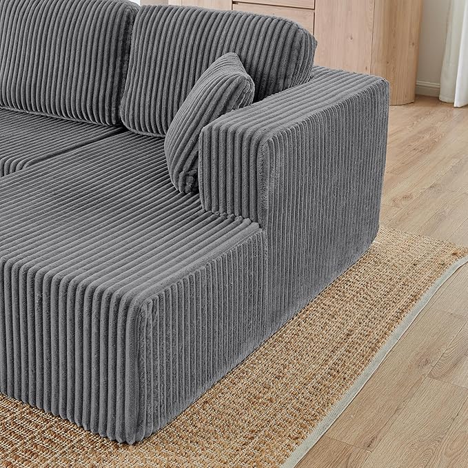 HYJT-H&K Modular Sectional Sofa Cloud Secttional Couch, 132" Comfy U Shaped Couches for Living Room, Deep Seat Memory Foam Fluffy Plush Corduroy Boneless Couch Sectionals with Chaise, Grey