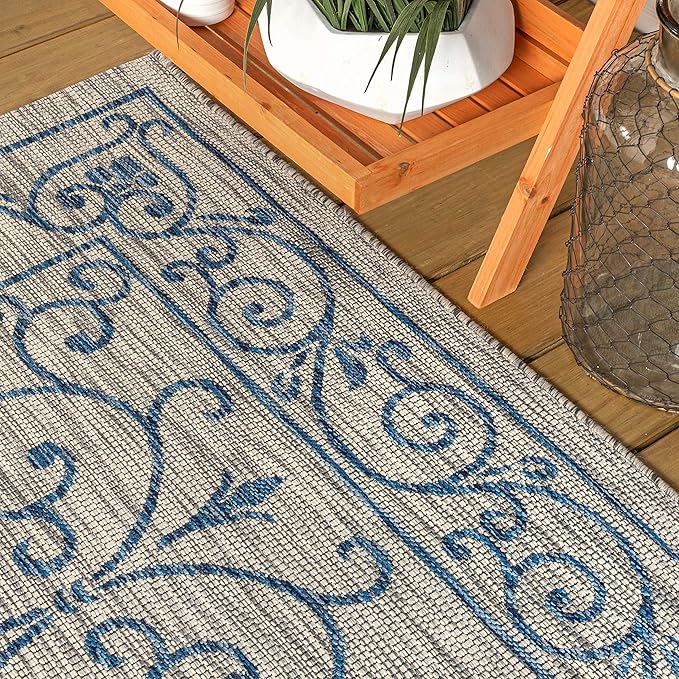 JONATHAN Y Vintage Filigree Indoor Outdoor Runner Rug 2X10 Gray/Navy, Charleston Textured Weave for Backyard, Patio, Porch, Easy-Cleaning, High Traffic, Pet-Friendly, Non-Shedding (SMB106C-210)
