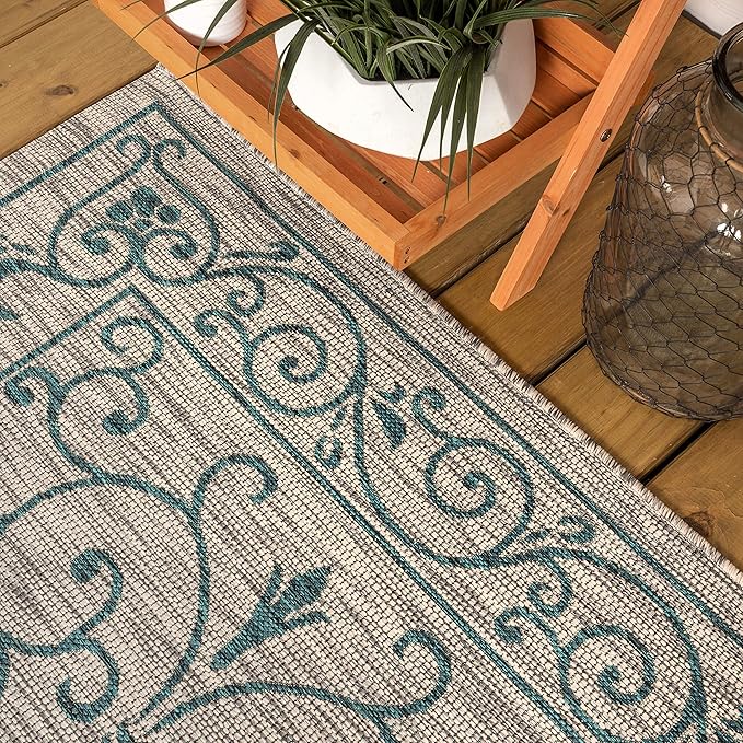 JONATHAN Y Vintage Filigree Indoor Outdoor Runner Rug 2X8 Gray/Teal, Charleston Textured Weave for Backyard, Patio, Porch, Easy-Cleaning, High Traffic, Pet-Friendly, Non-Shedding (SMB106E-28)