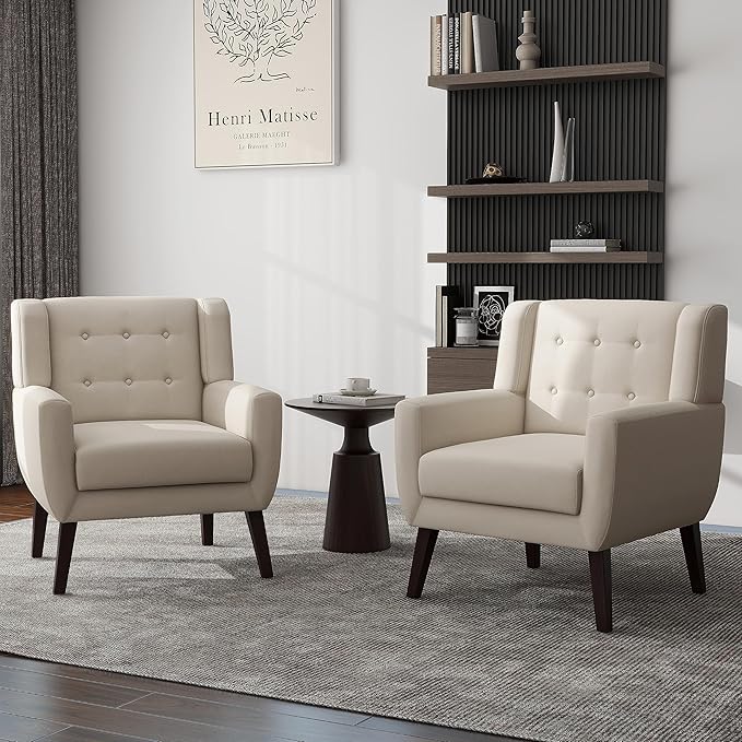 UIXE Accent Chair, Modern Upholstered Armchair in Fabric for Living Room, Comfy Club Arm Chairs Single Sofa Button Tufted Bedroom Reading Seat - White, Set of 1