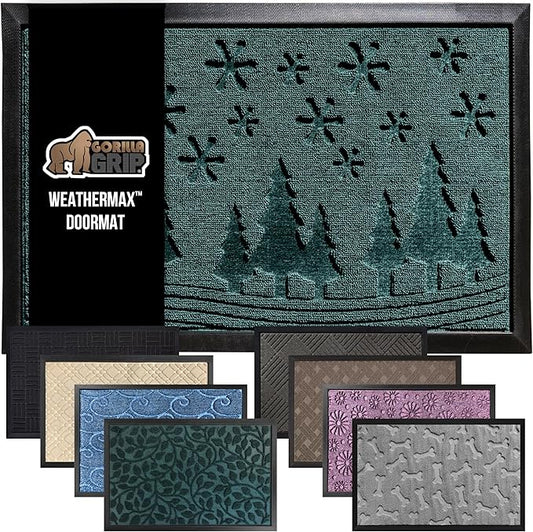 GORILLA GRIP 100% Waterproof All-Season WeatherMax Doormat, 47x35, US Designed Natural Rubber, Stain and Fade Resistant, Low Profile Indoor Outdoor Door Mats, Easy Clean Patio Mat, Green Snowscape