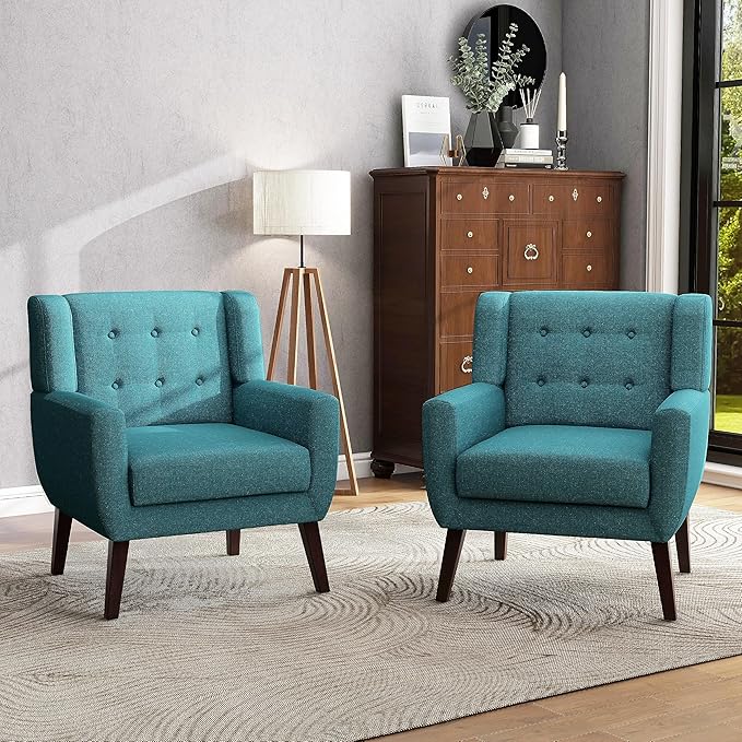 UIXE Accent Chair, Modern Upholstered Armchair in Fabric for Living Room, Comfy Club Arm Chairs Single Sofa Button Tufted Bedroom Reading Seat - Turquoise Blue, Set of 2